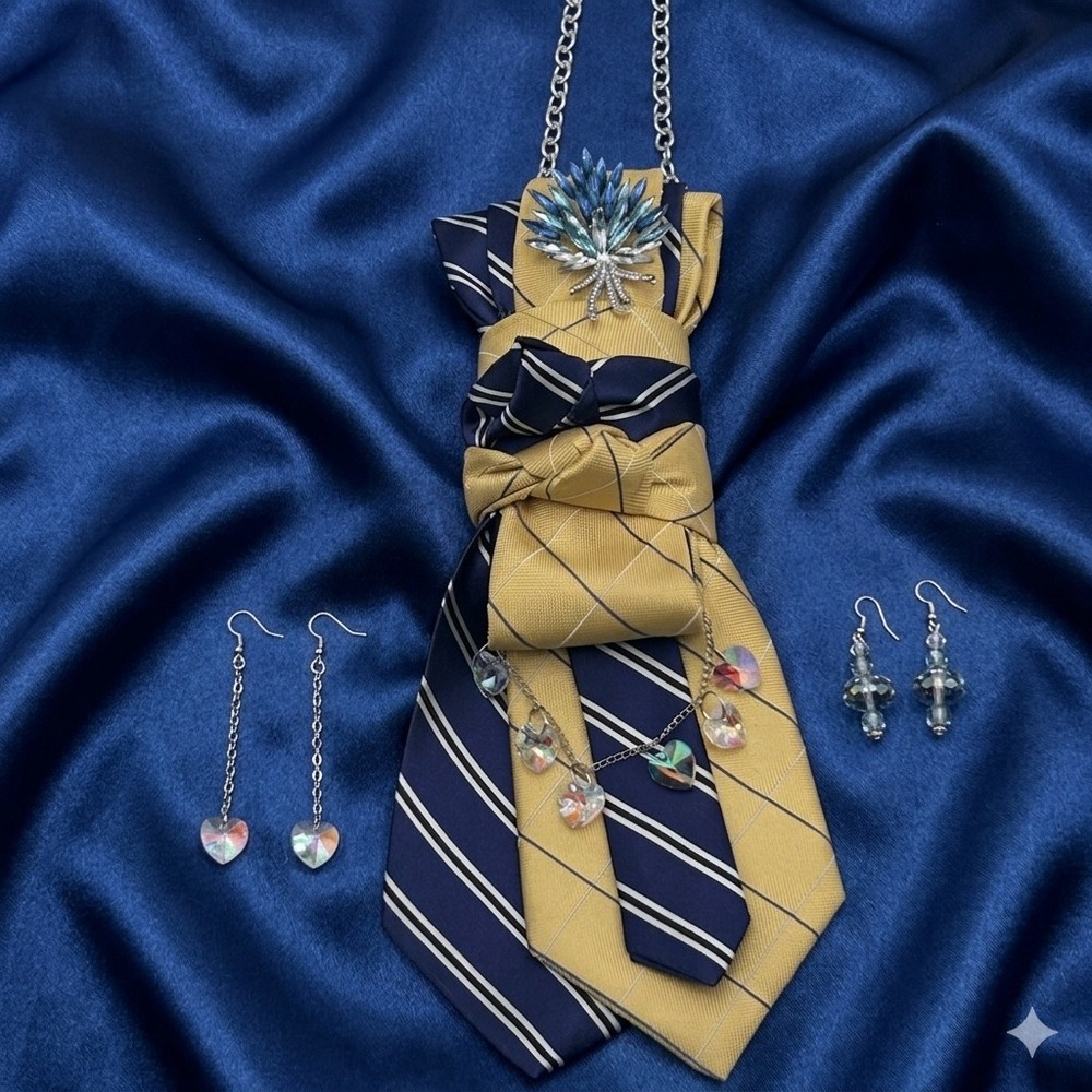 Handcrafted Upcycled Necktie Statement Necklace & Earring Set Blue Gold Striped